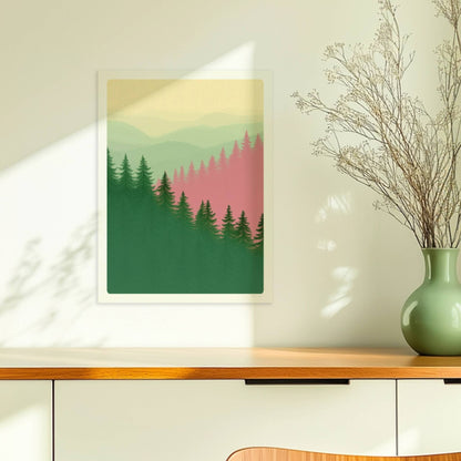 Berglandschaft mit Tannen im Morgennebel.. Ohne Rahmen 30x40