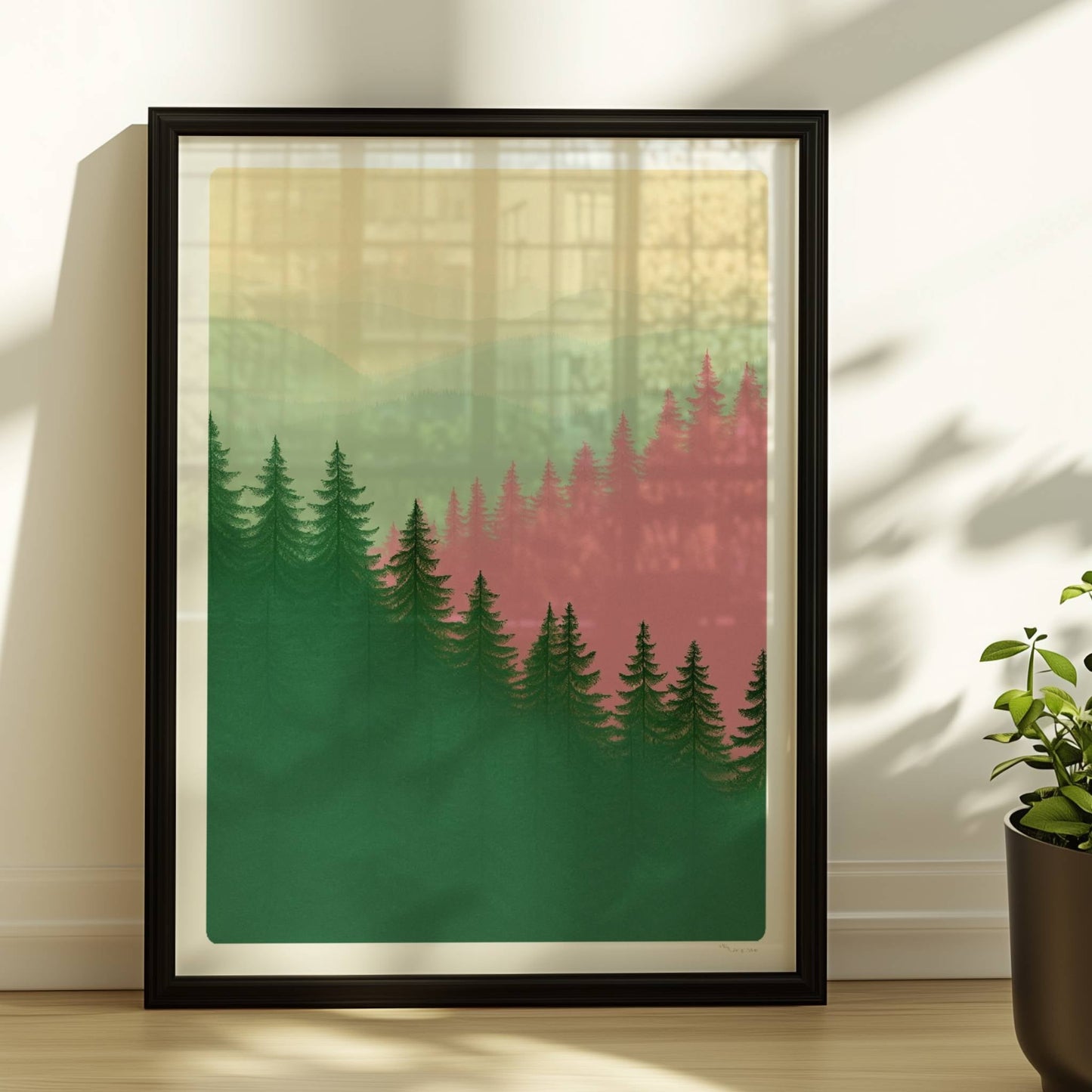 Berglandschaft mit Tannen im Morgennebel.. Rahmen schwarz 30x40