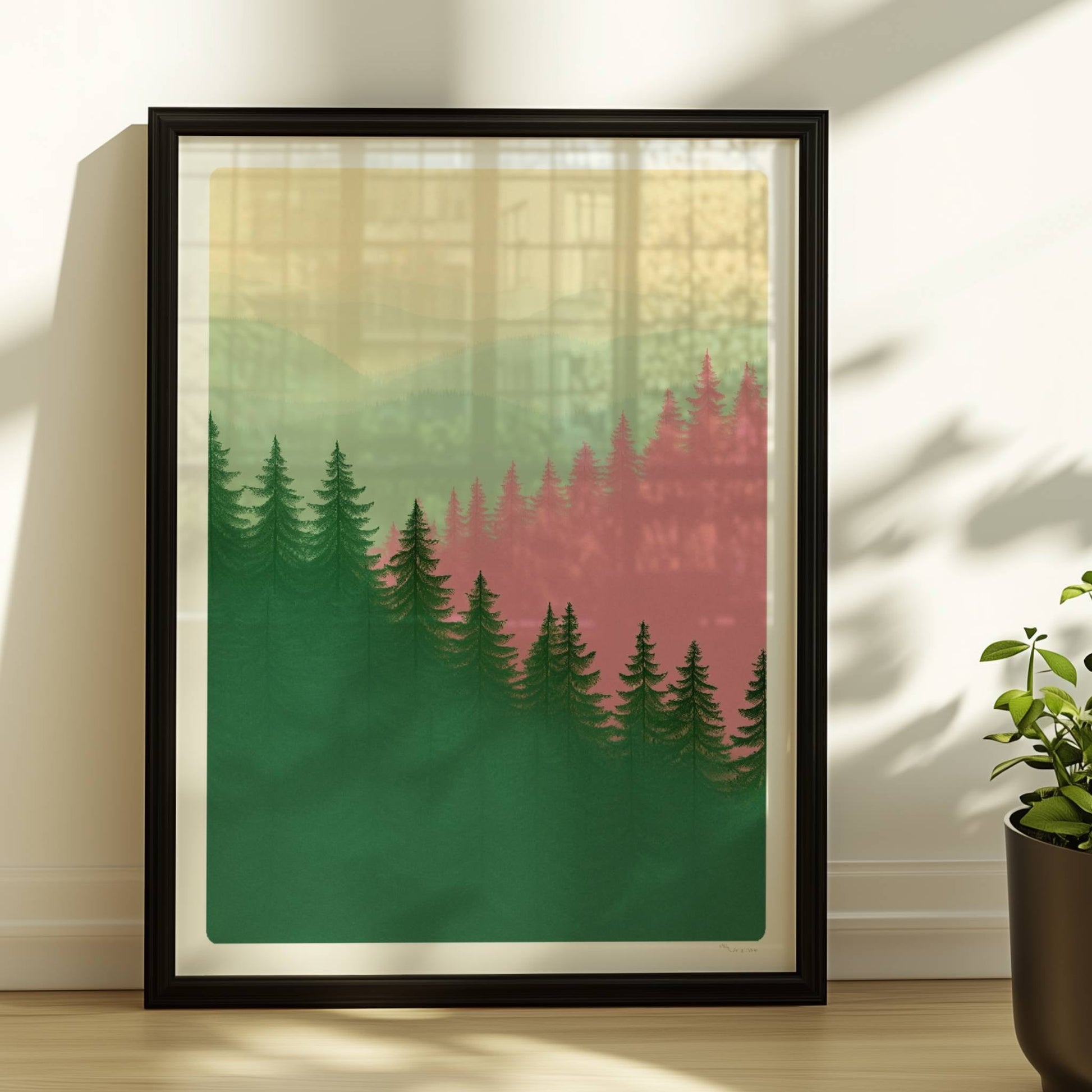Berglandschaft mit Tannen im Morgennebel.. Rahmen schwarz 30x40