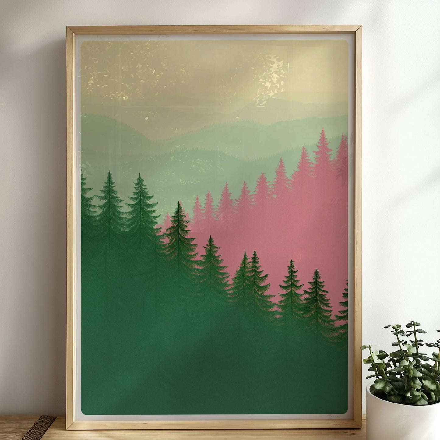 Berglandschaft mit Tannen im Morgennebel.. Rahmen natur 50x70