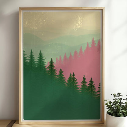 Berglandschaft mit Tannen im Morgennebel.. Rahmen natur 50x70