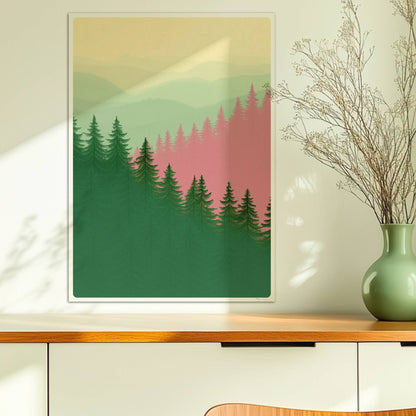 Berglandschaft mit Tannen im Morgennebel.. Ohne Rahmen 50x70