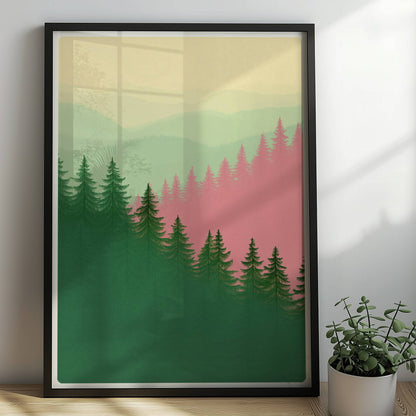 Berglandschaft mit Tannen im Morgennebel.. Rahmen schwarz 50x70