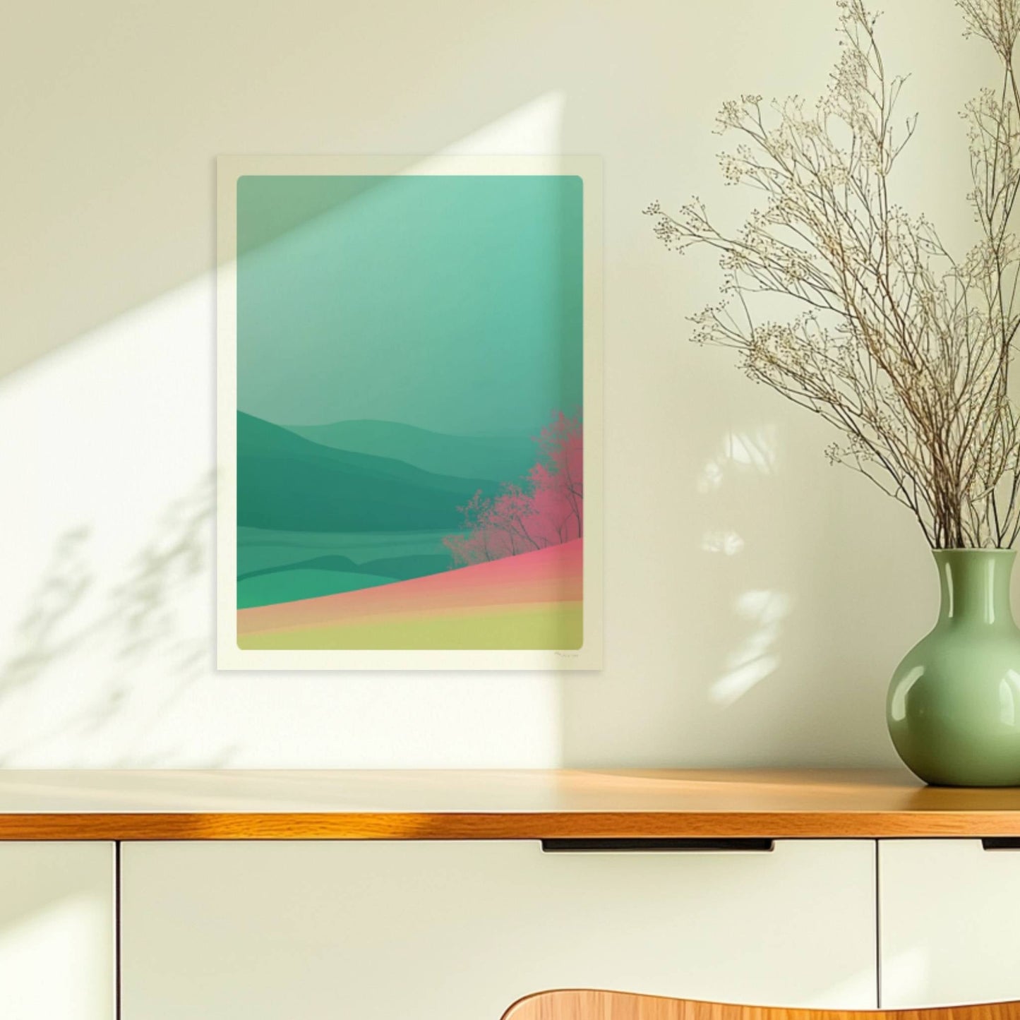 Landschaftsidylle mit rosa Hügelwald und Weitblick.. Ohne Rahmen 30x40