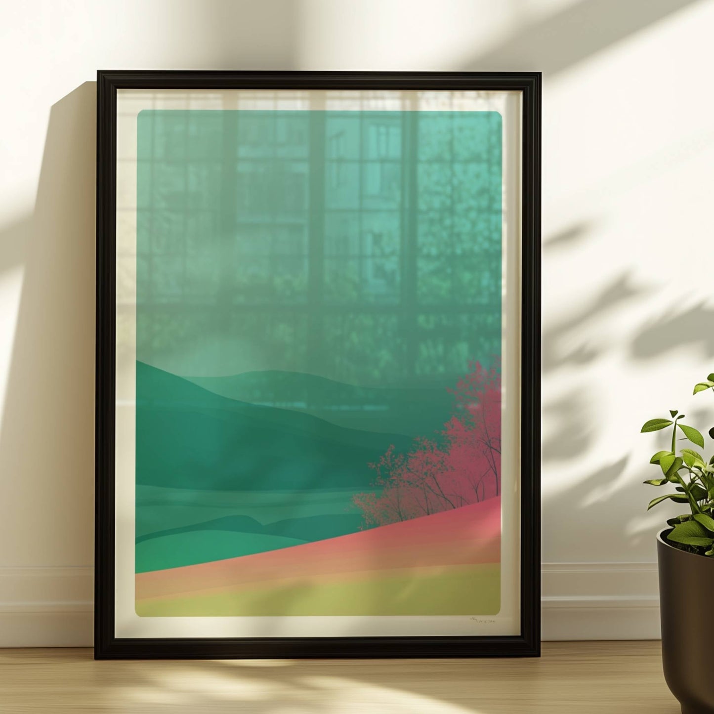 Landschaftsidylle mit rosa Hügelwald und Weitblick.. Rahmen schwarz 30x40