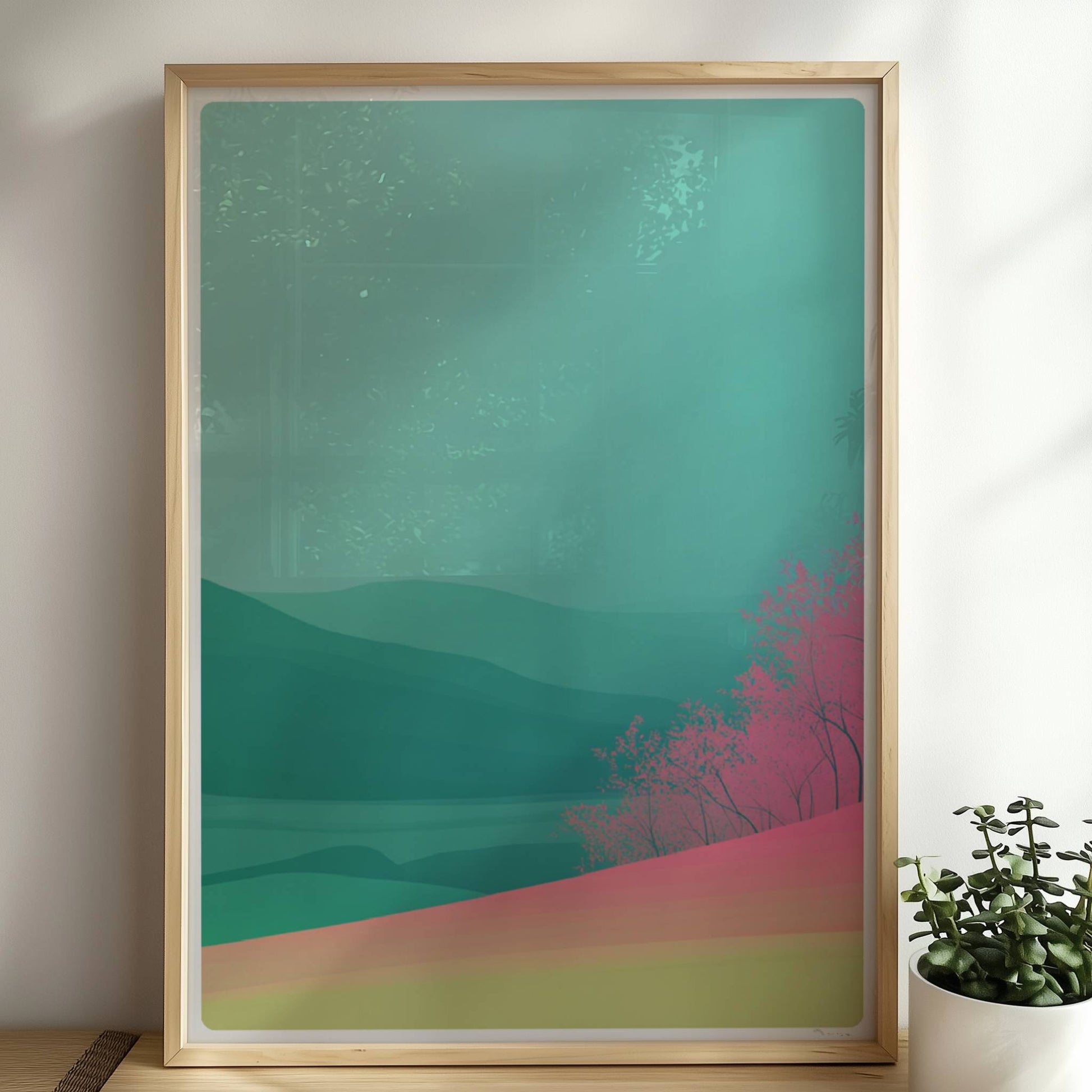 Landschaftsidylle mit rosa Hügelwald und Weitblick.. Rahmen natur 50x70