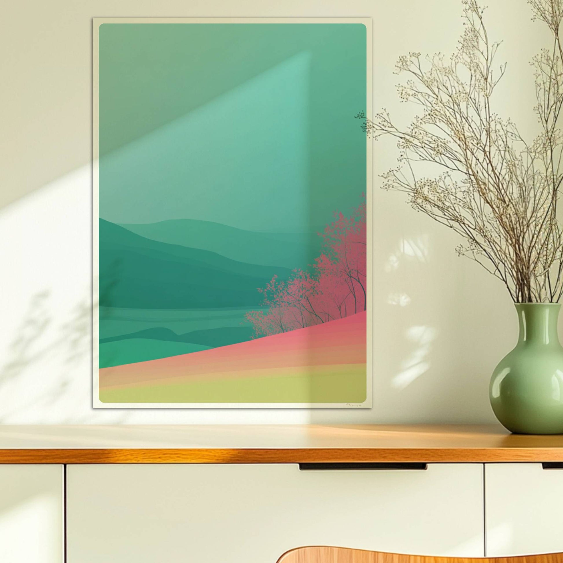 Landschaftsidylle mit rosa Hügelwald und Weitblick.. Ohne Rahmen 50x70