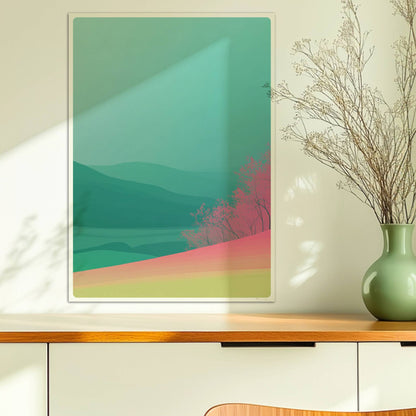 Landschaftsidylle mit rosa Hügelwald und Weitblick.. Ohne Rahmen 50x70