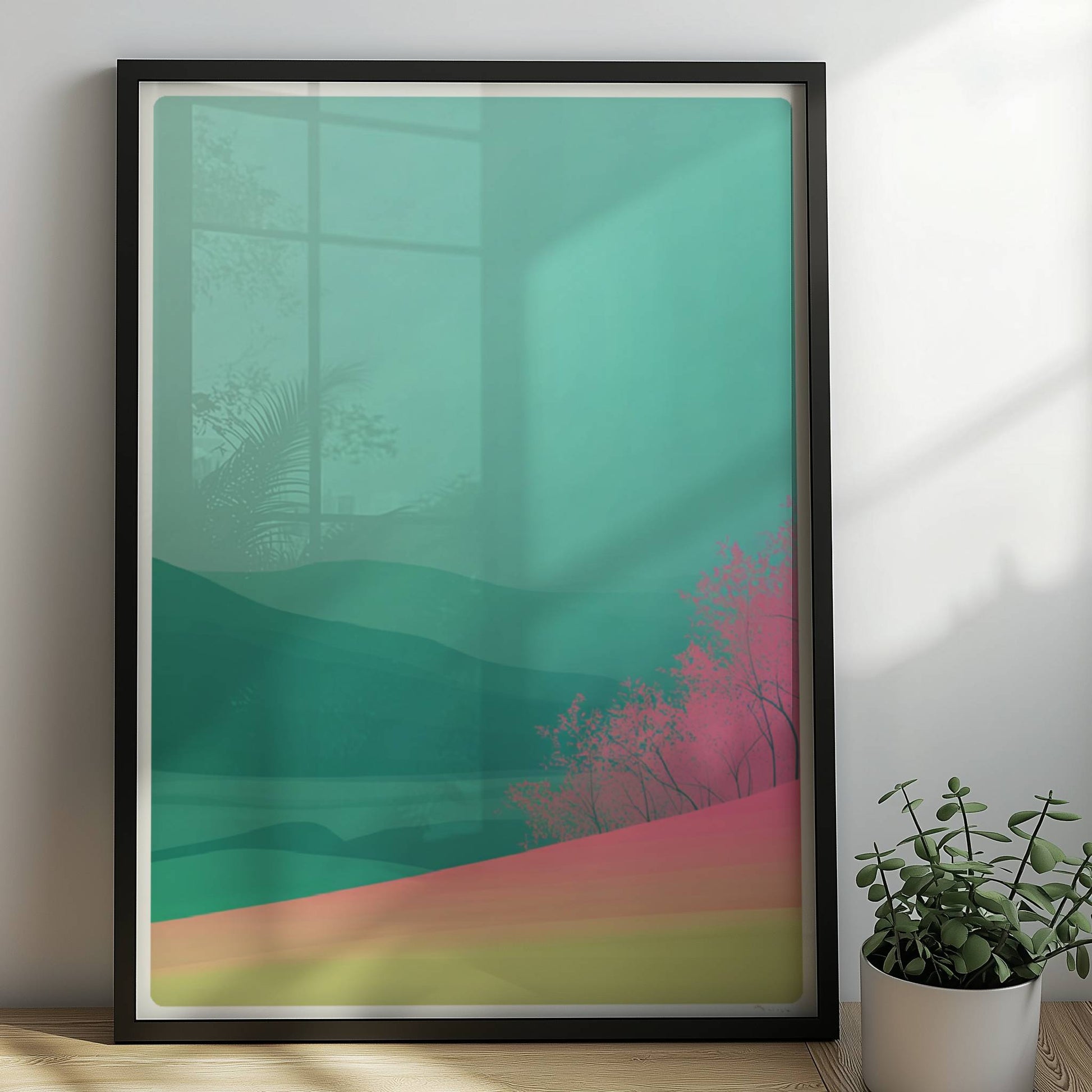 Landschaftsidylle mit rosa Hügelwald und Weitblick.. Rahmen schwarz 50x70