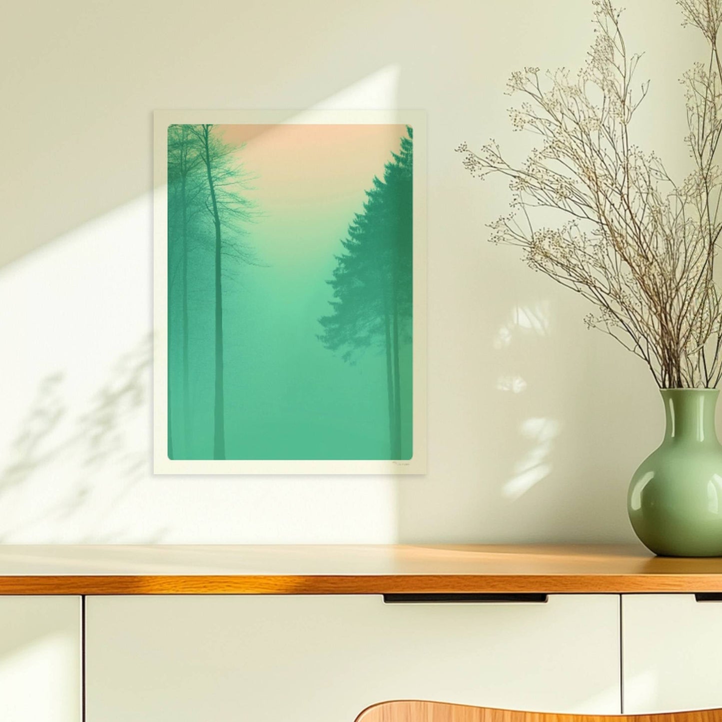 Stille Waldsilhouetten im Frühnebel.. Ohne Rahmen 30x40