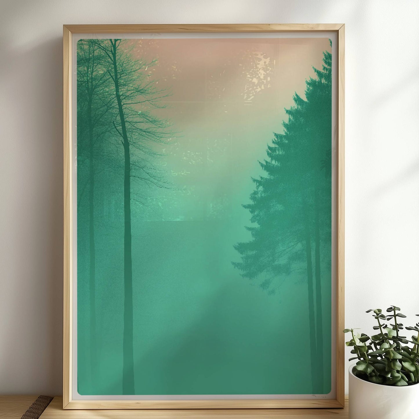 Stille Waldsilhouetten im Frühnebel.. Rahmen natur 50x70