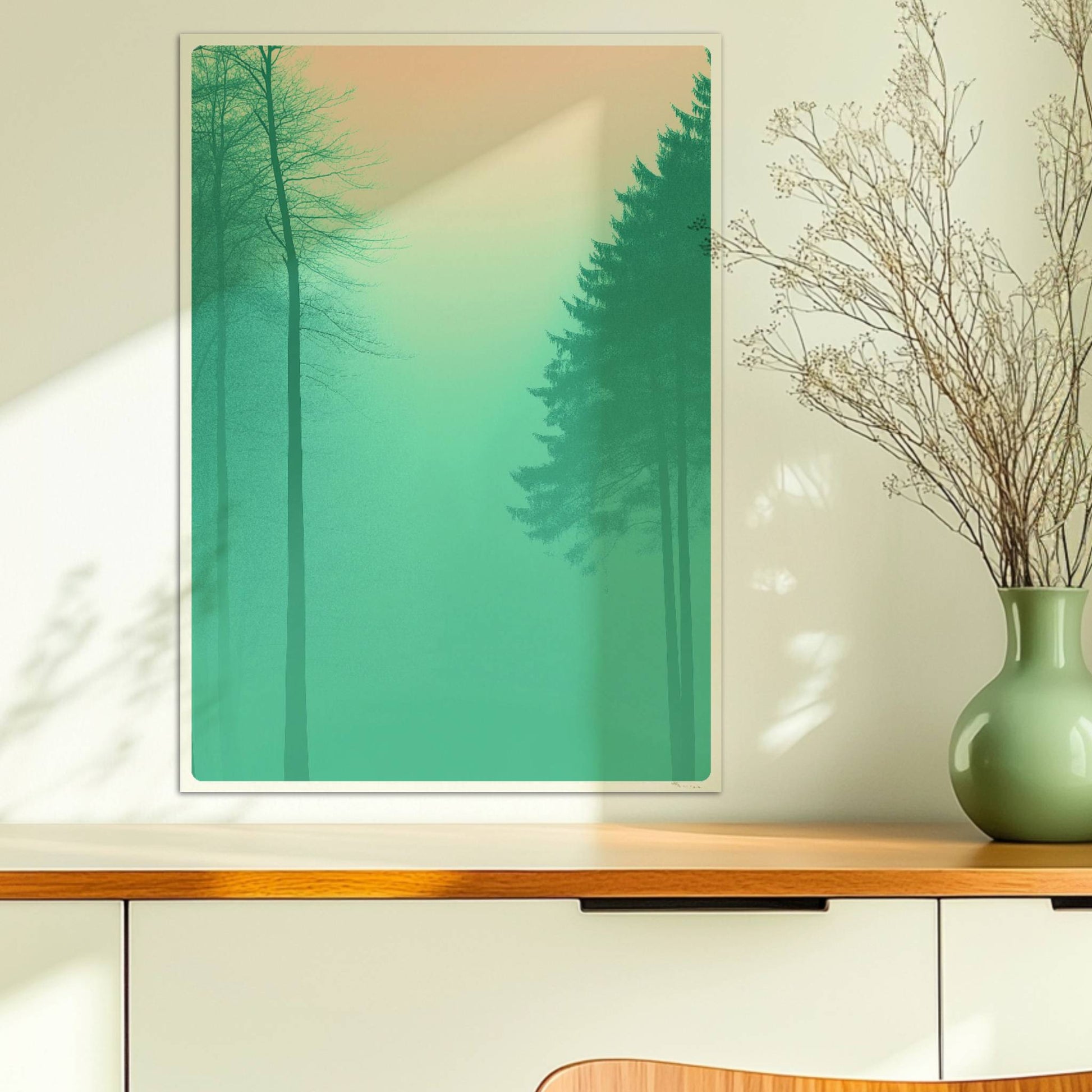 Stille Waldsilhouetten im Frühnebel.. Ohne Rahmen 50x70
