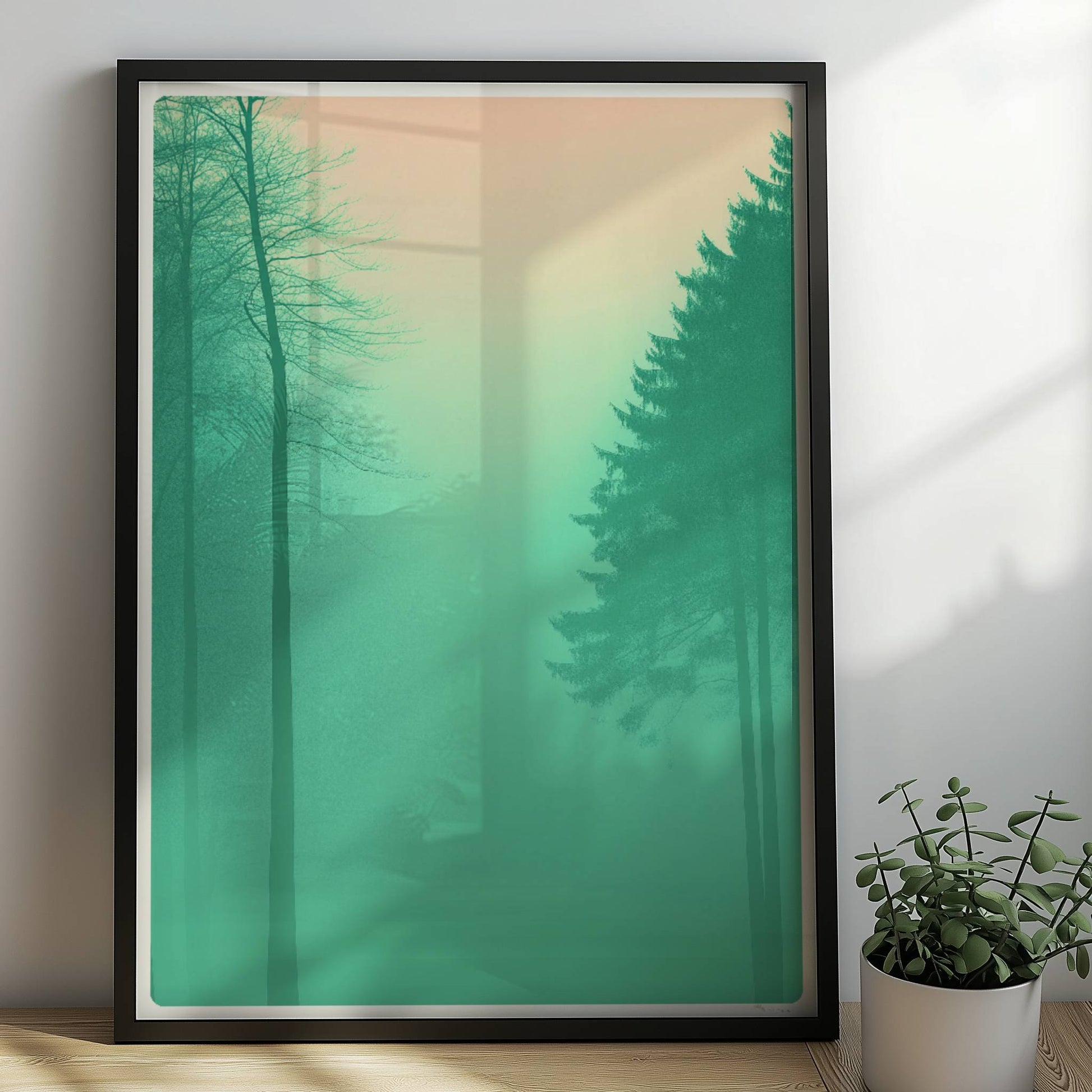 Stille Waldsilhouetten im Frühnebel.. Rahmen schwarz 50x70