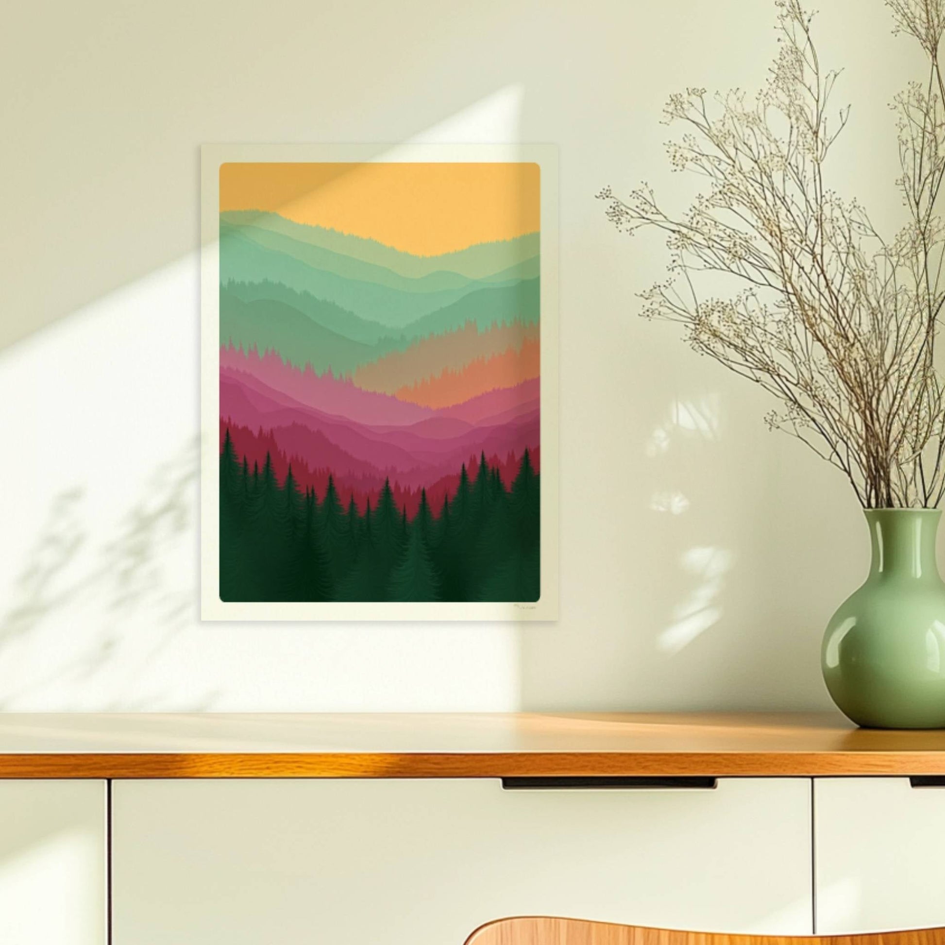 Farbspiel im Bergwald mit Schichten und Tannen.. Ohne Rahmen 30x40