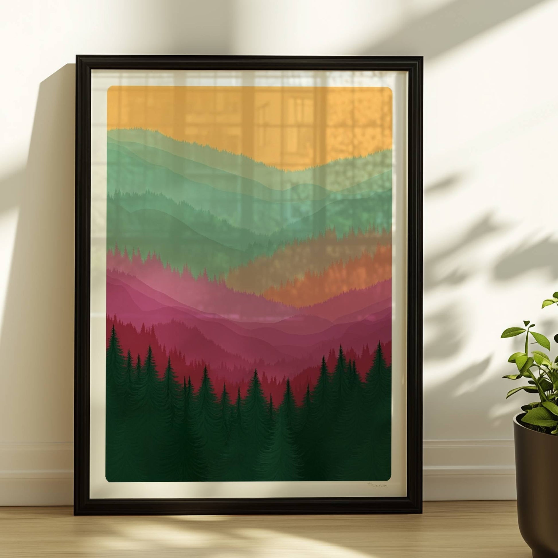 Farbspiel im Bergwald mit Schichten und Tannen.. Rahmen schwarz 30x40