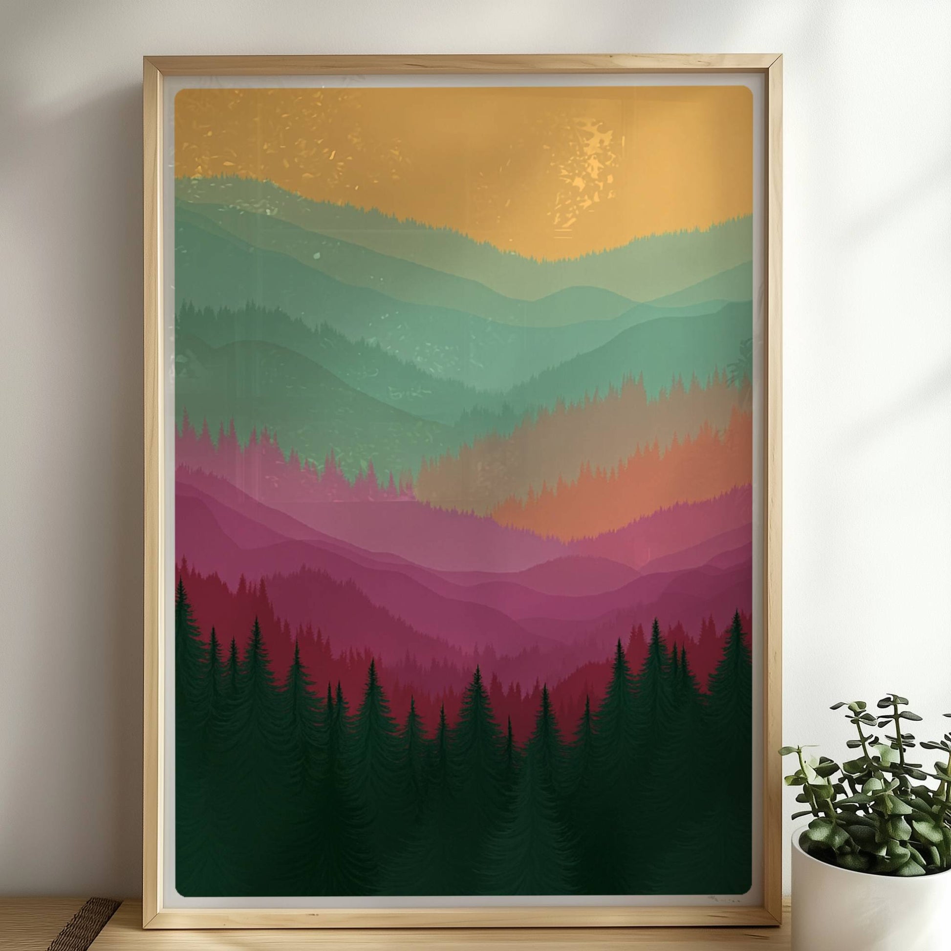 Farbspiel im Bergwald mit Schichten und Tannen.. Rahmen natur 50x70