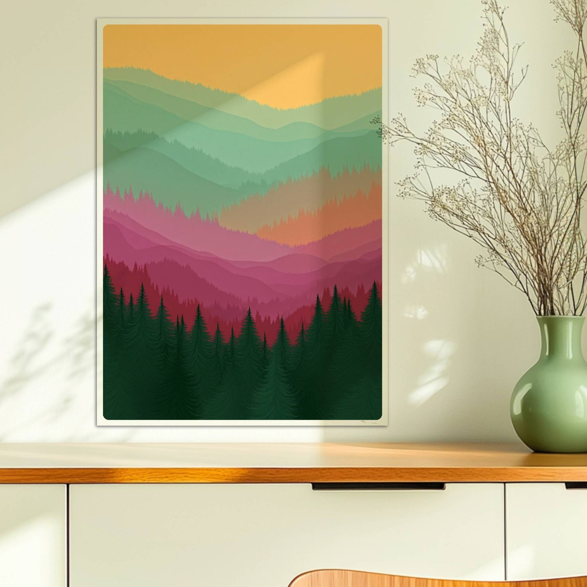 Farbspiel im Bergwald mit Schichten und Tannen.. Ohne Rahmen 50x70
