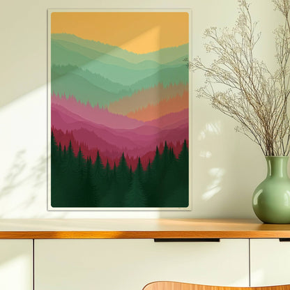 Farbspiel im Bergwald mit Schichten und Tannen.. Ohne Rahmen 50x70