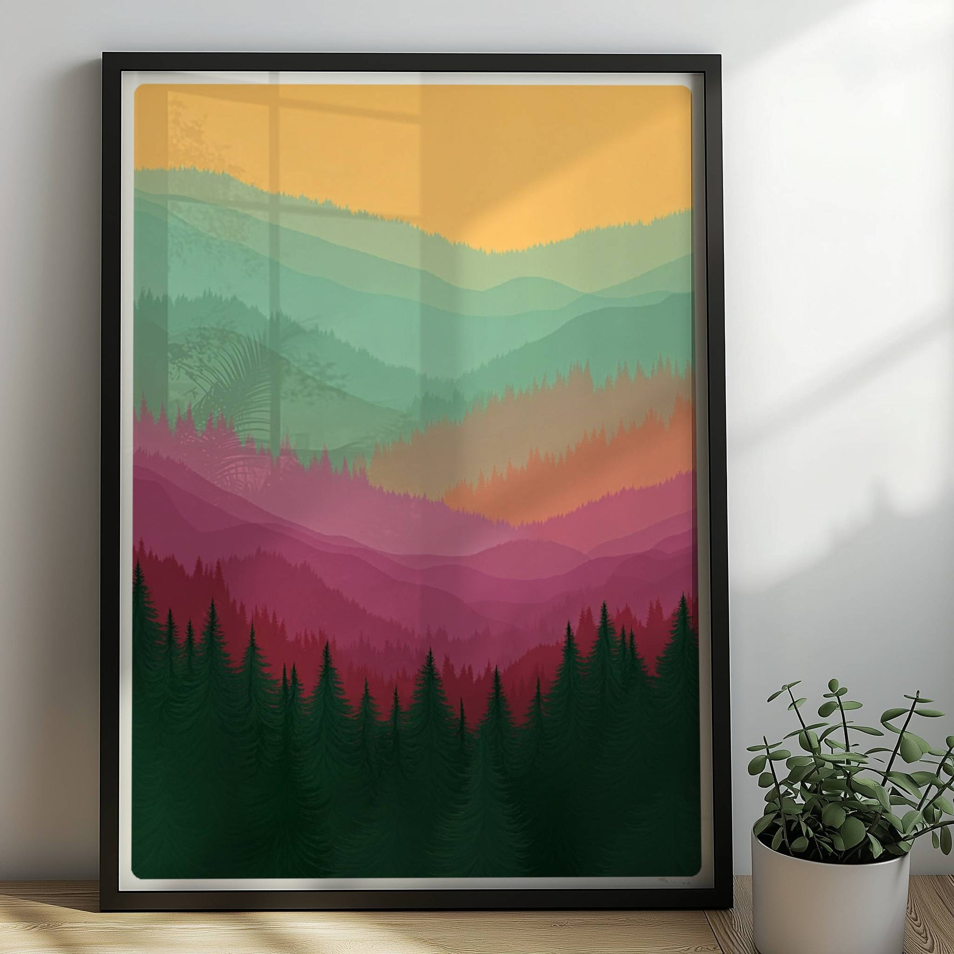Farbspiel im Bergwald mit Schichten und Tannen.. Rahmen schwarz 50x70