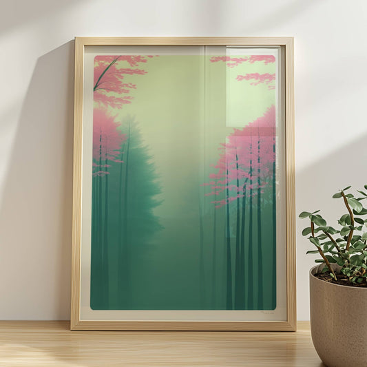 Zarte Waldlandschaft in Rosa und Grün.. Rahmen natur 30x40