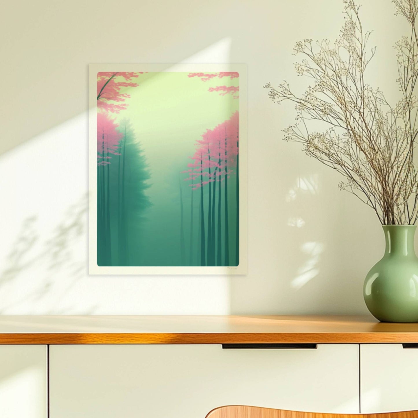 Zarte Waldlandschaft in Rosa und Grün.. Ohne Rahmen 30x40