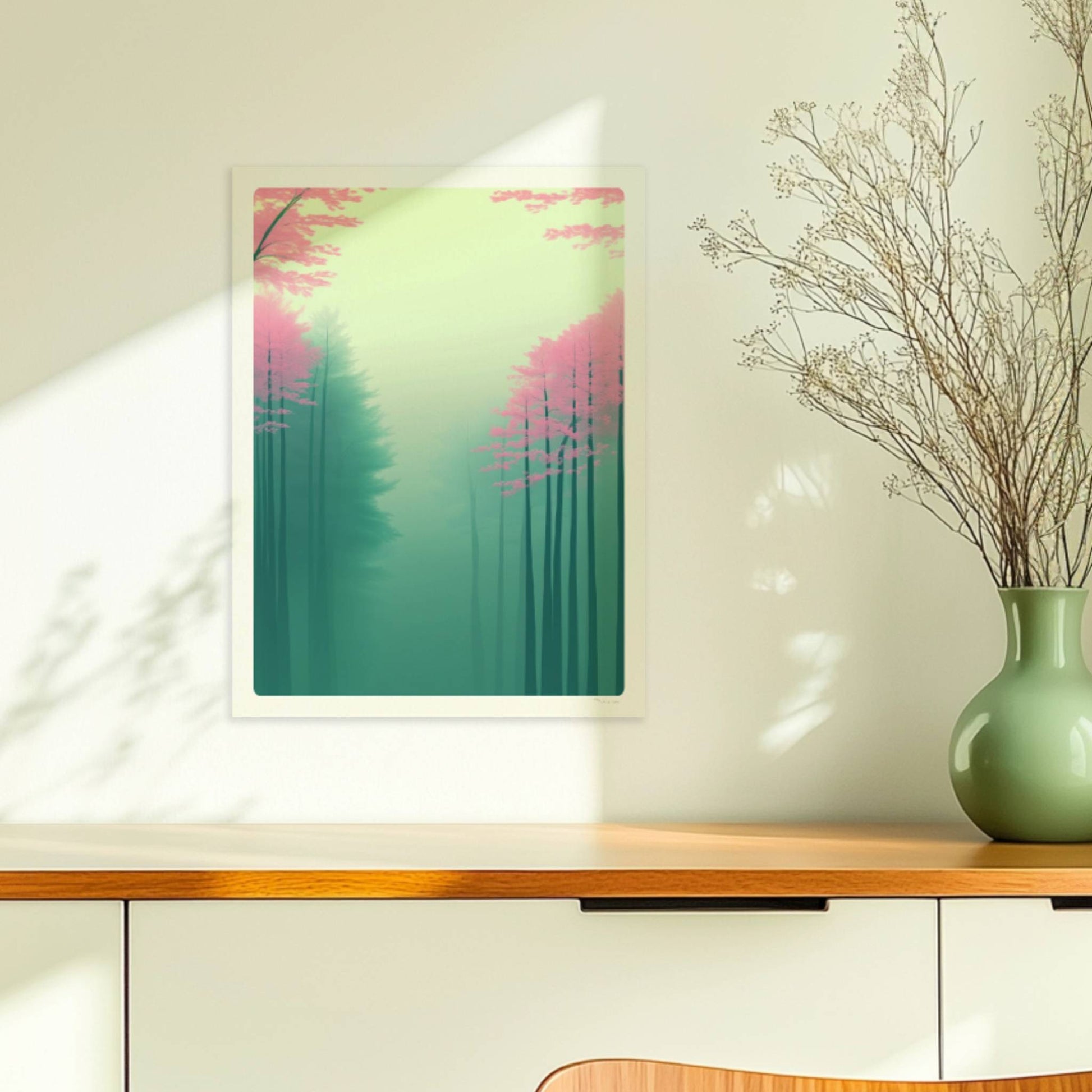 Zarte Waldlandschaft in Rosa und Grün.. Ohne Rahmen 30x40