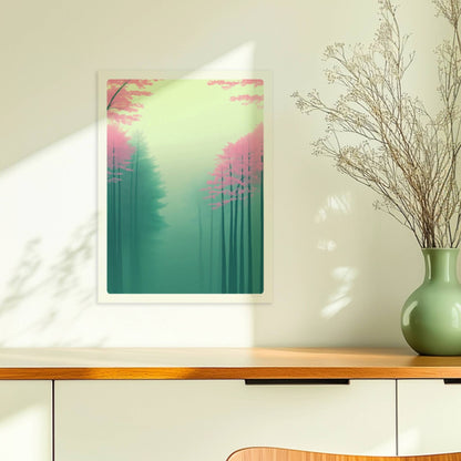Zarte Waldlandschaft in Rosa und Grün.. Ohne Rahmen 30x40