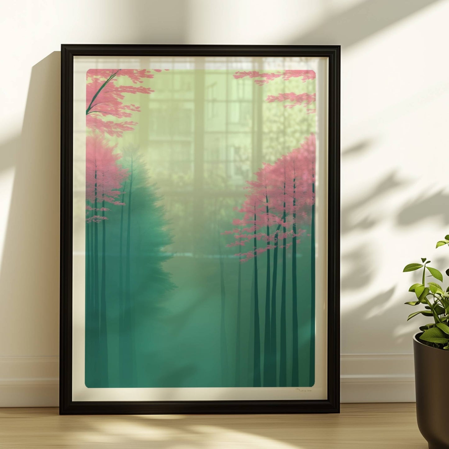Zarte Waldlandschaft in Rosa und Grün.. Rahmen schwarz 30x40