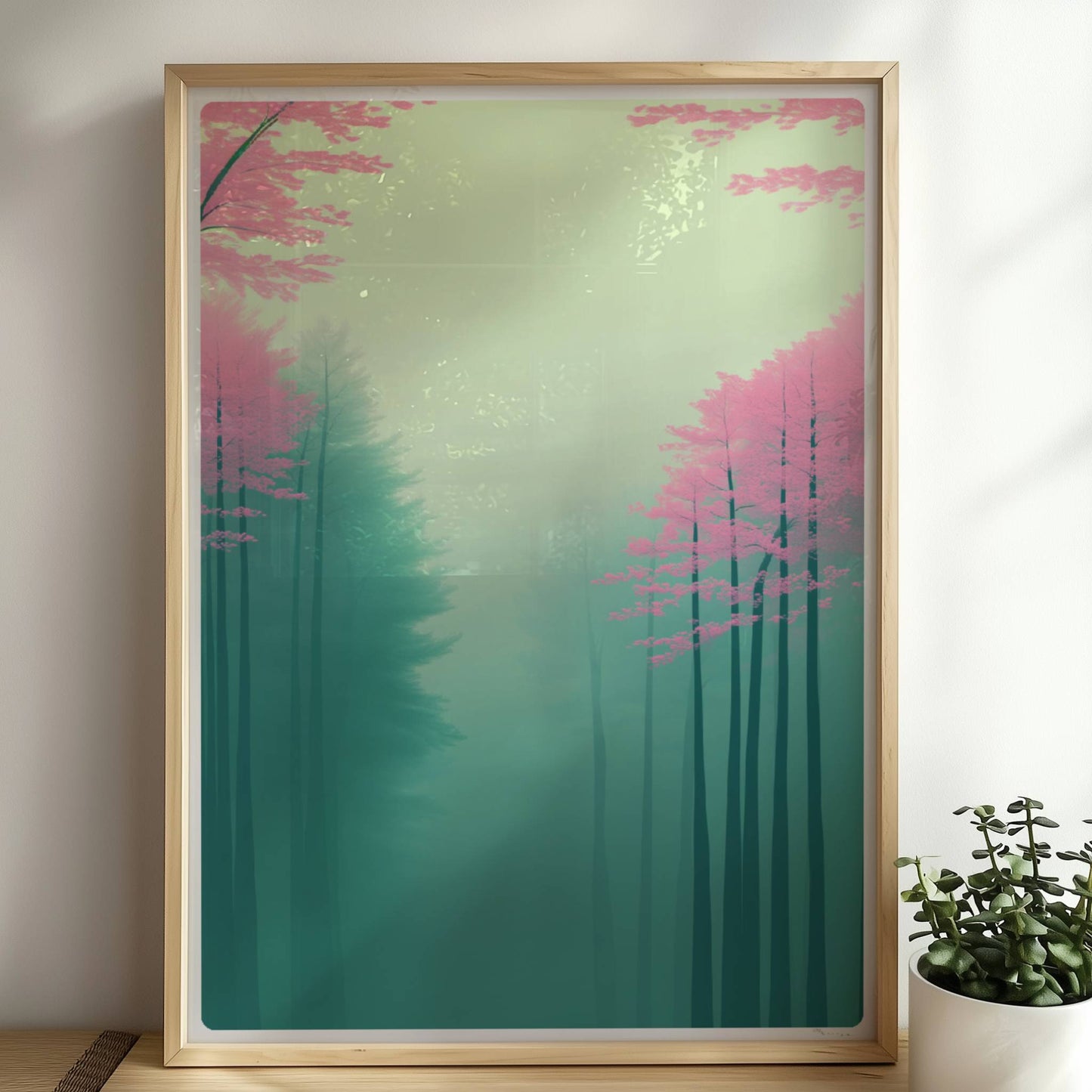 Zarte Waldlandschaft in Rosa und Grün.. Rahmen natur 50x70