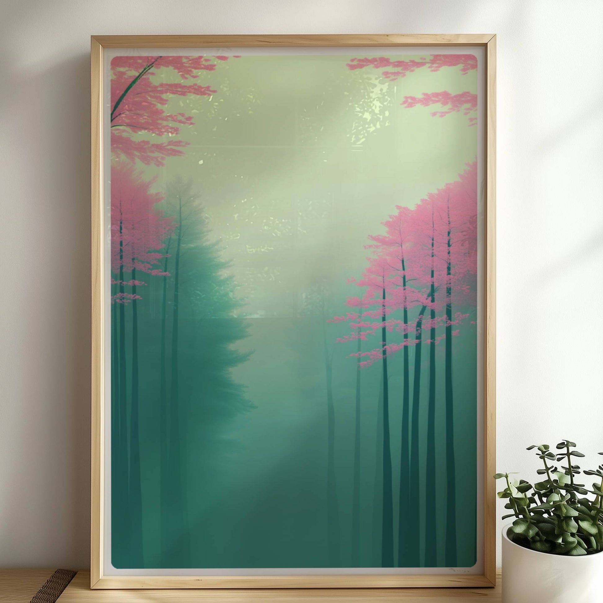 Zarte Waldlandschaft in Rosa und Grün.. Rahmen natur 50x70