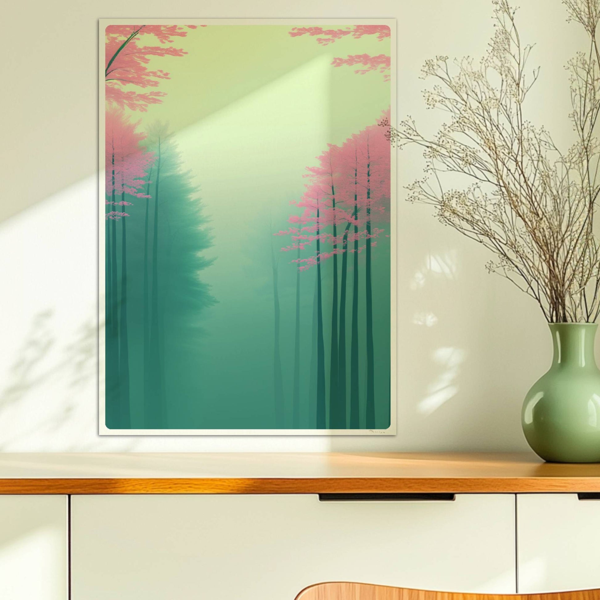 Zarte Waldlandschaft in Rosa und Grün.. Ohne Rahmen 50x70