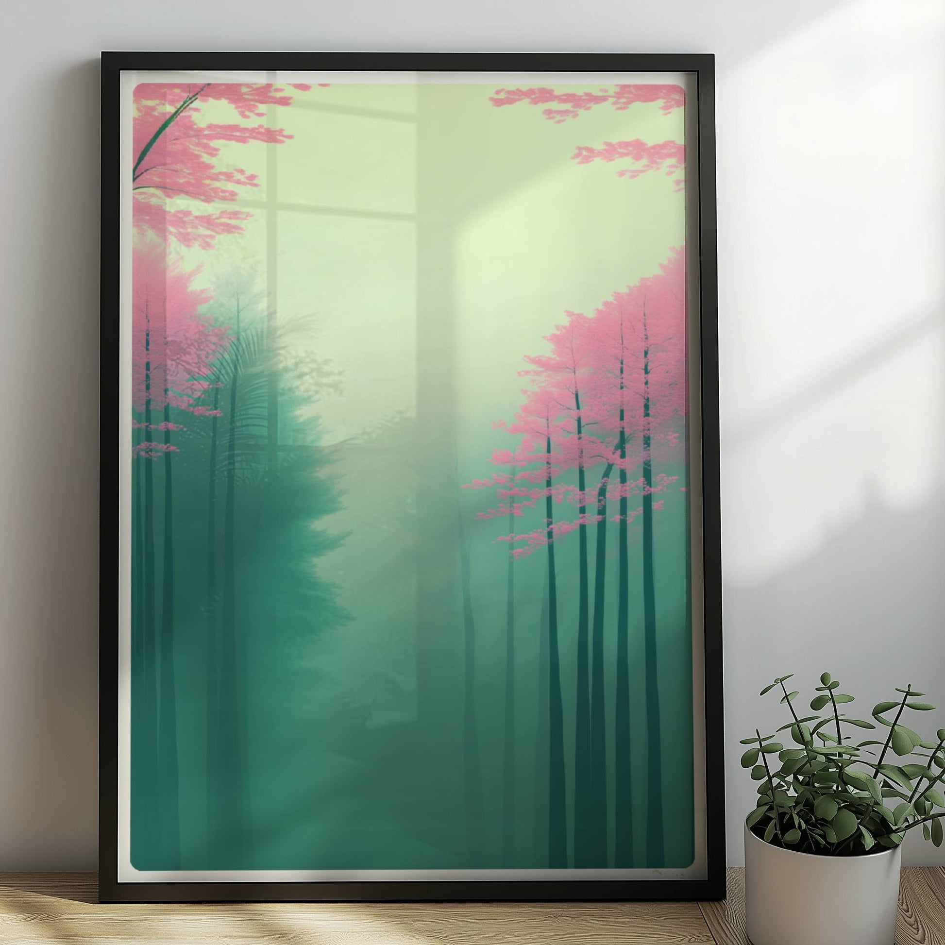 Zarte Waldlandschaft in Rosa und Grün.. Rahmen schwarz 50x70