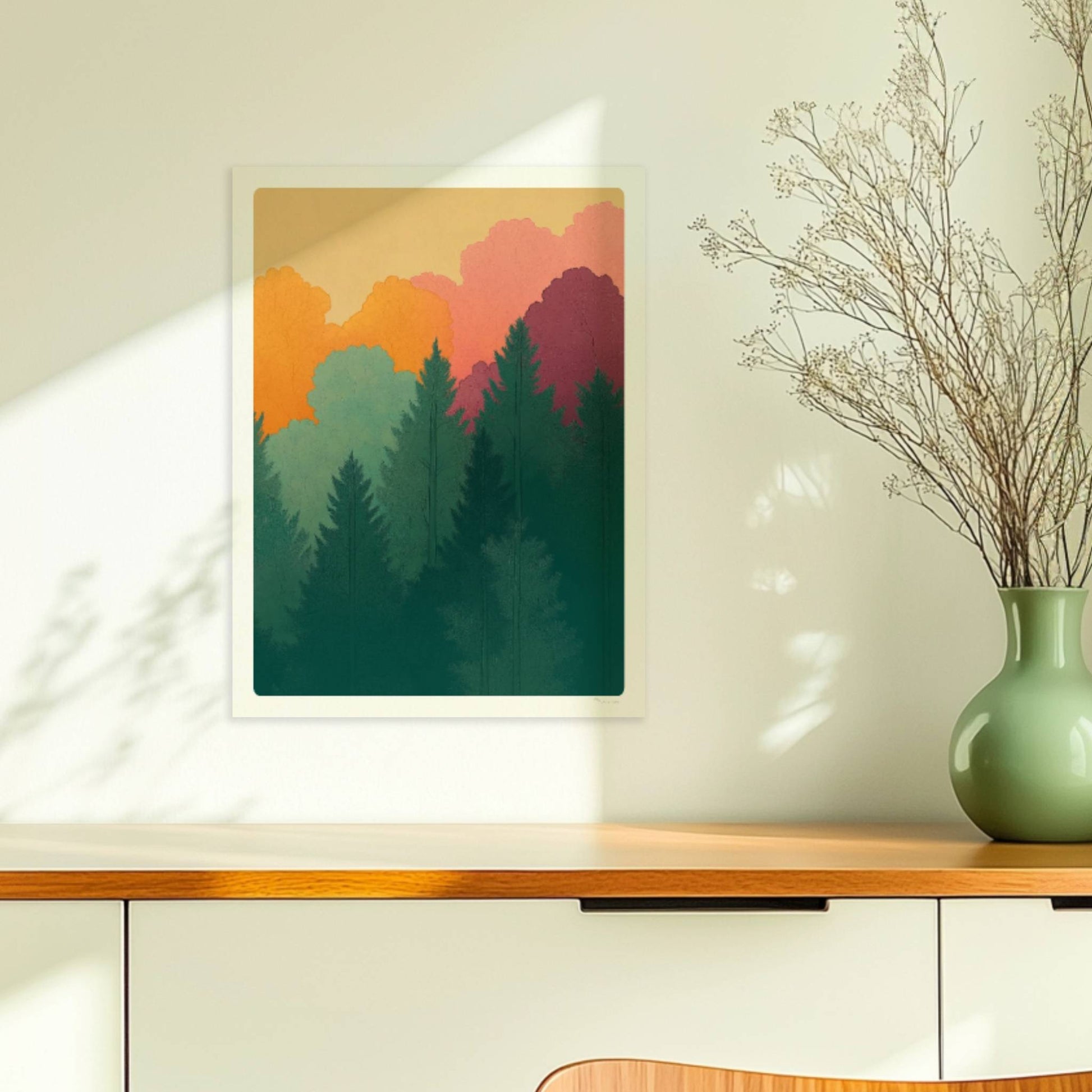 Herbstwald mit goldenen und roten Laubbäumen vor Tannen.. Ohne Rahmen 30x40