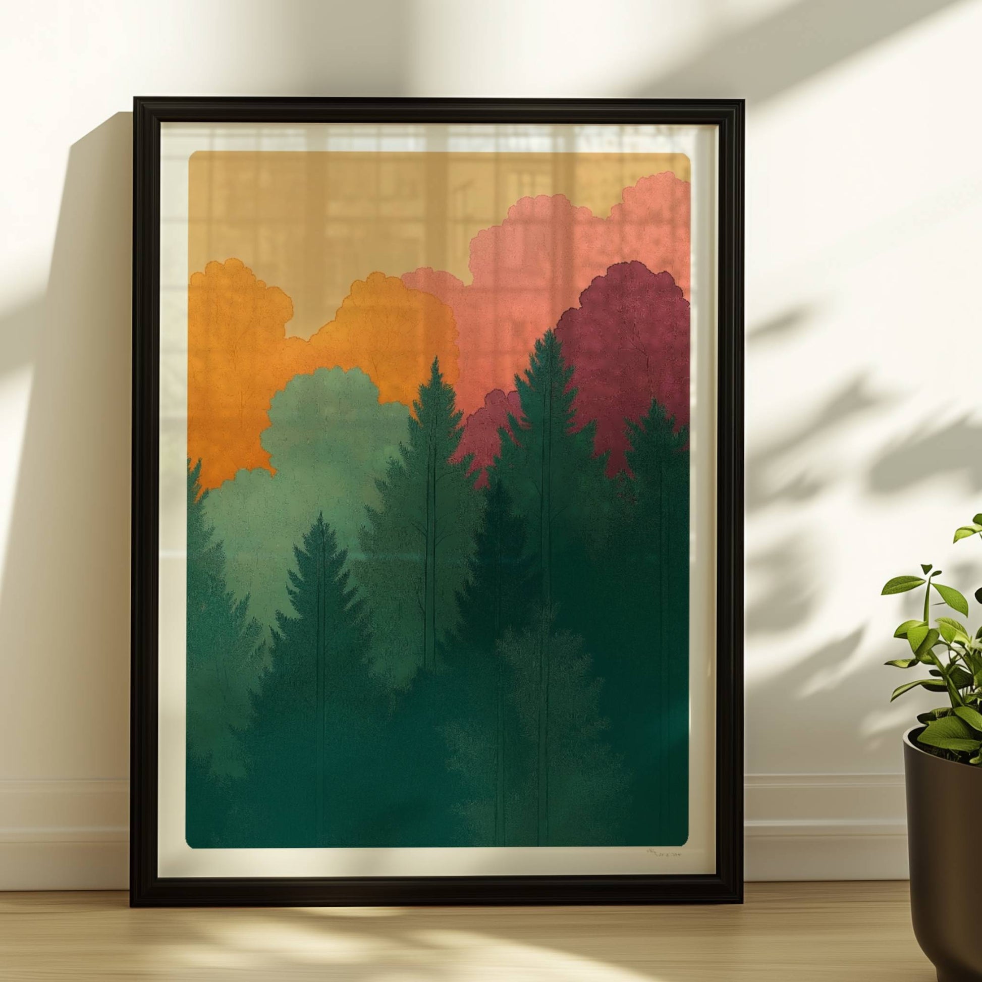 Herbstwald mit goldenen und roten Laubbäumen vor Tannen.. Rahmen schwarz 30x40