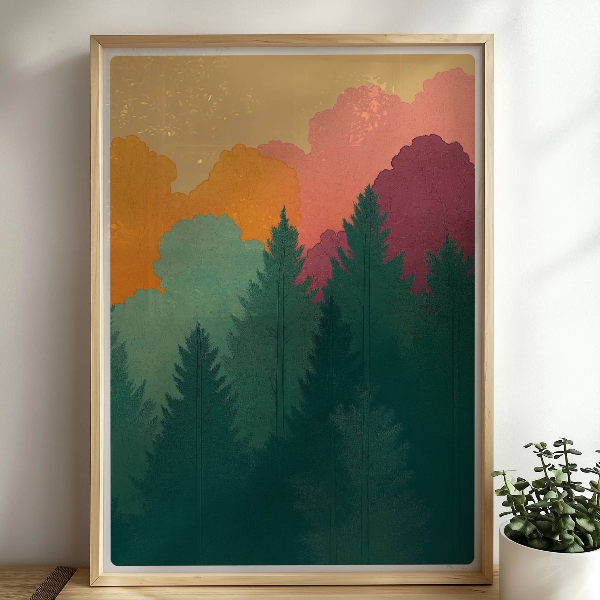 Herbstwald mit goldenen und roten Laubbäumen vor Tannen.. Rahmen natur 50x70
