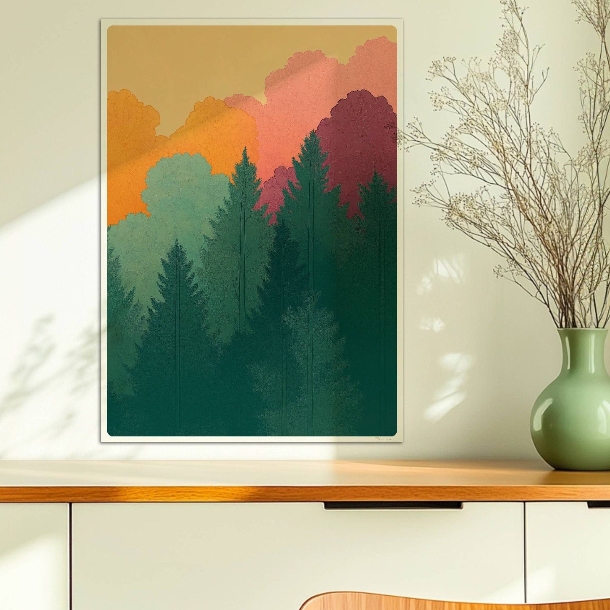 Herbstwald mit goldenen und roten Laubbäumen vor Tannen.. Ohne Rahmen 50x70