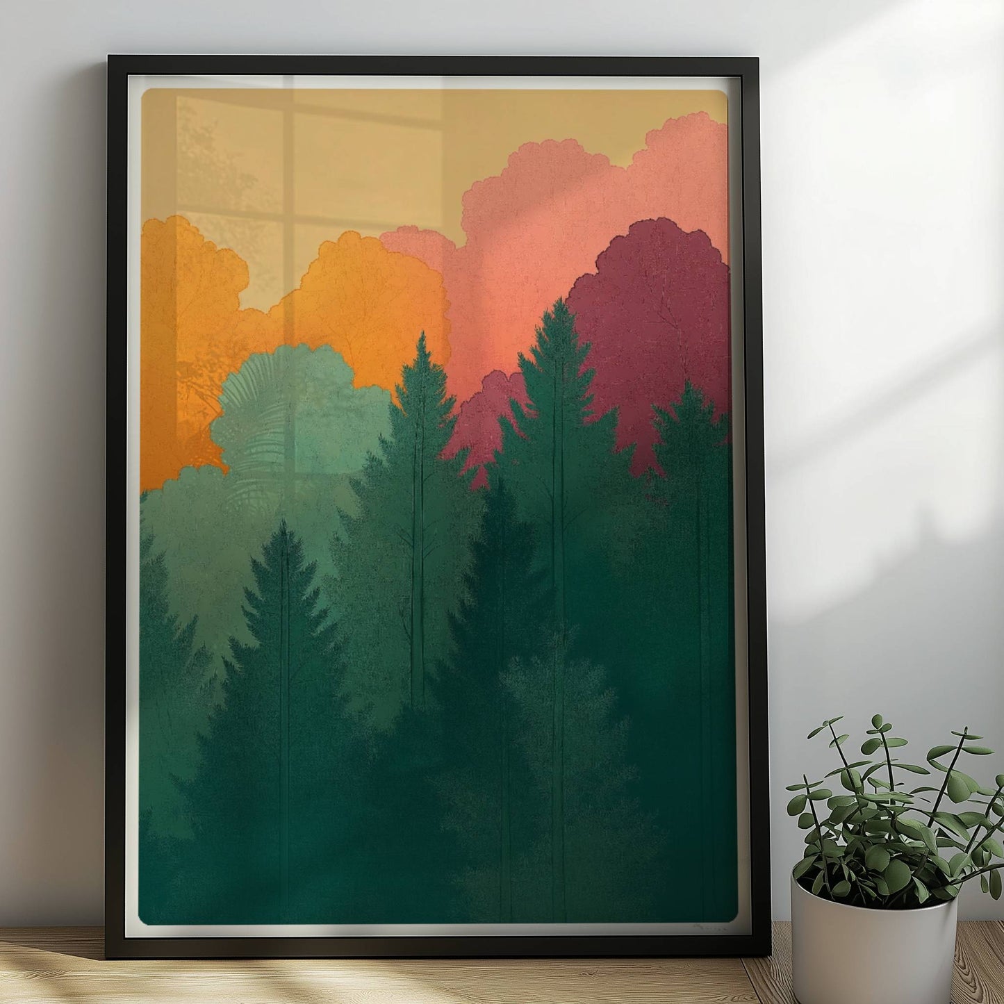 Herbstwald mit goldenen und roten Laubbäumen vor Tannen.. Rahmen schwarz 50x70
