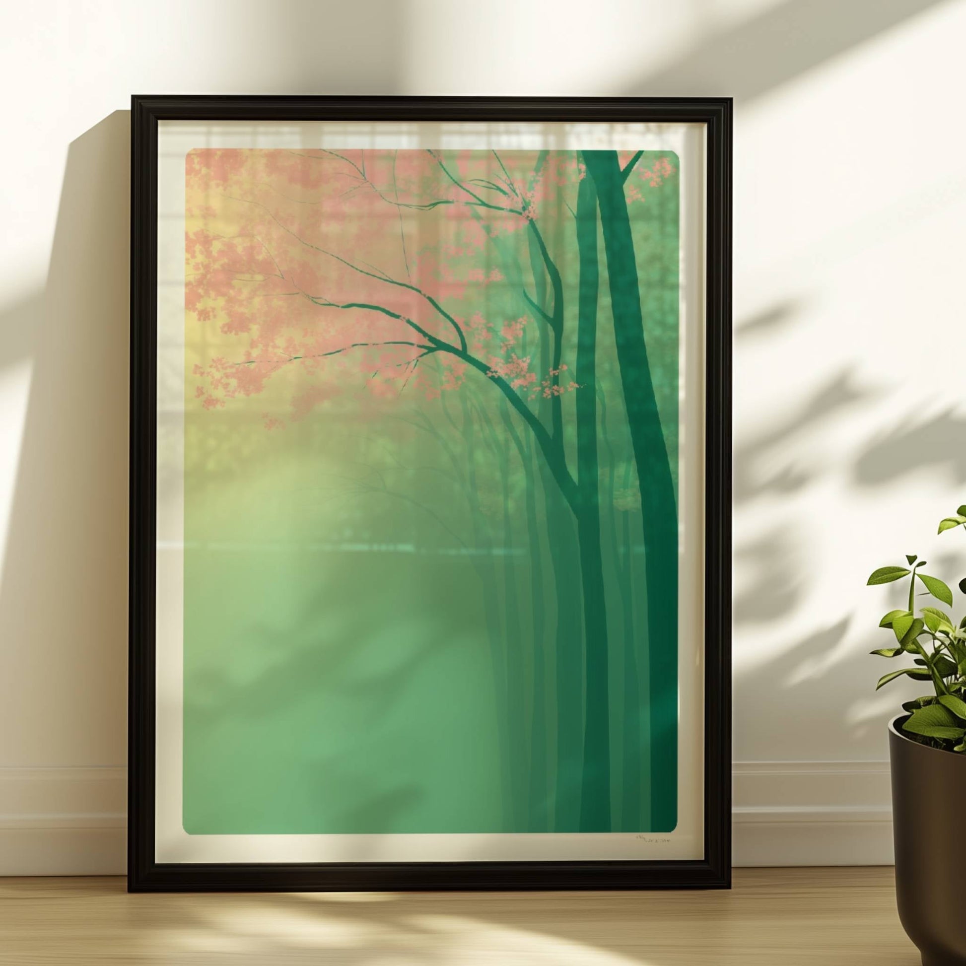 Wald im Morgennebel, mystische Stimmung.. Rahmen schwarz 30x40
