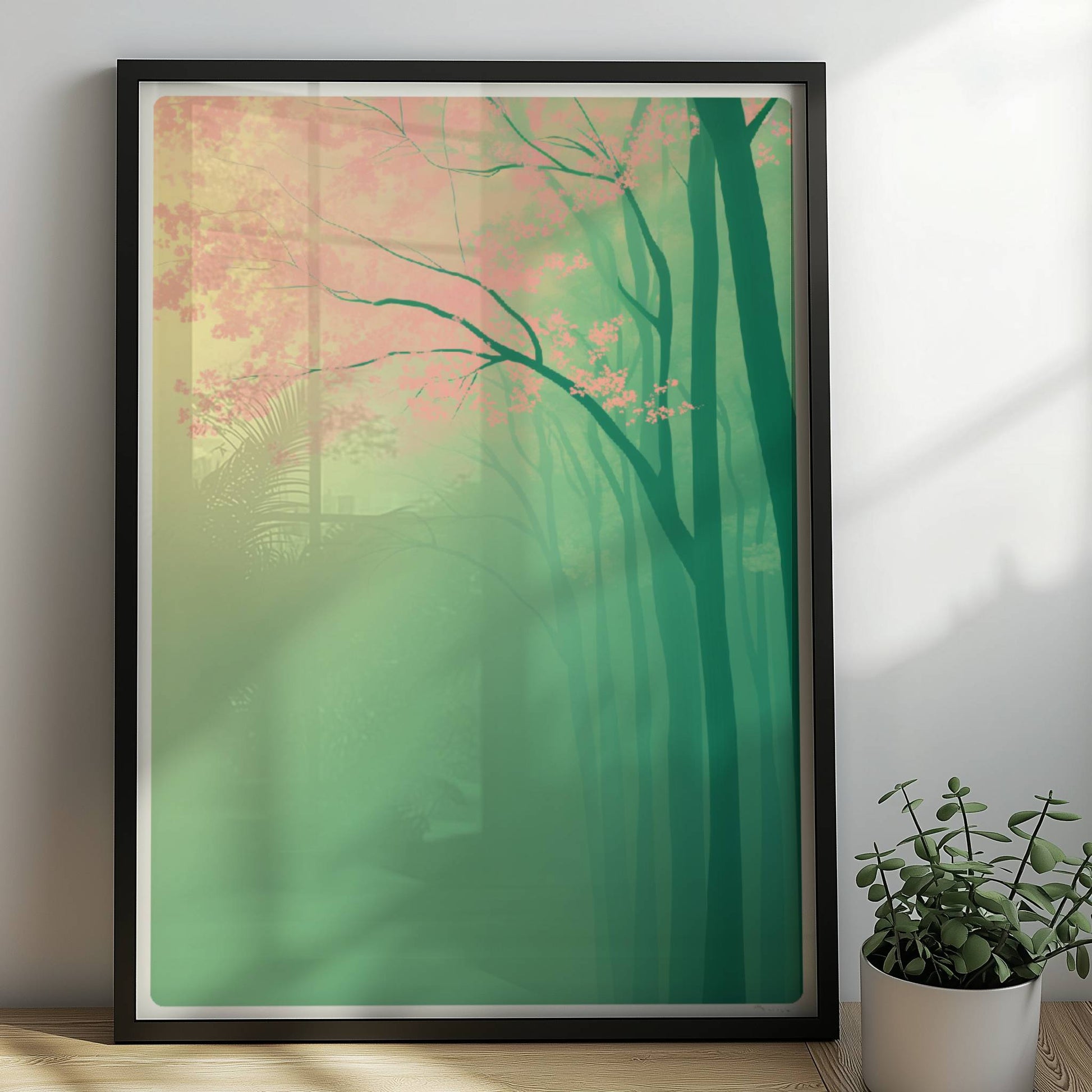 Wald im Morgennebel, mystische Stimmung.. Rahmen schwarz 50x70