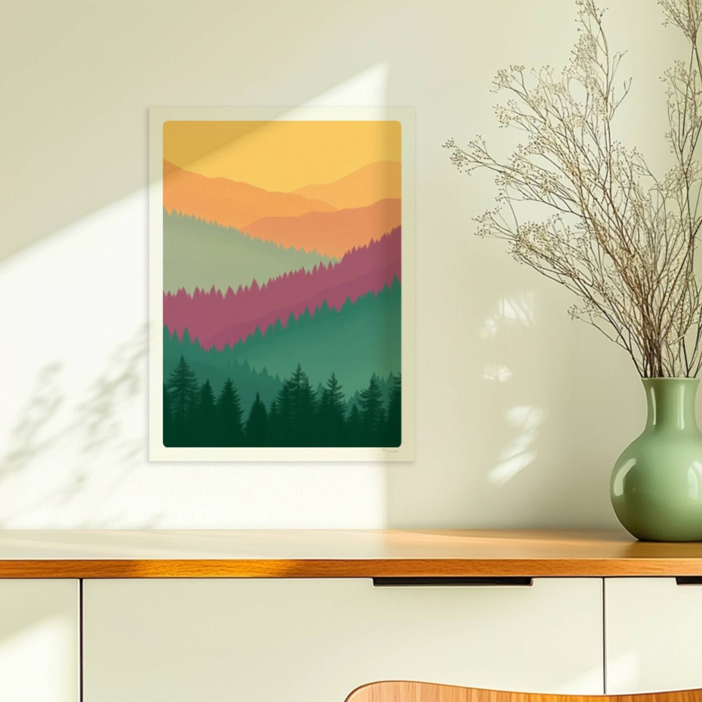 Hügelige Waldsilhouetten im Sonnenuntergang.. Ohne Rahmen 30x40