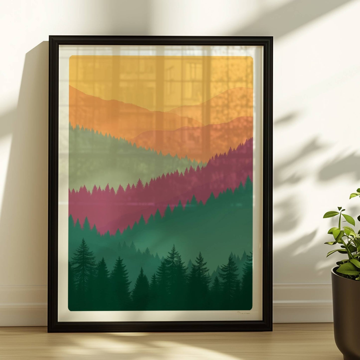Hügelige Waldsilhouetten im Sonnenuntergang.. Rahmen schwarz 30x40
