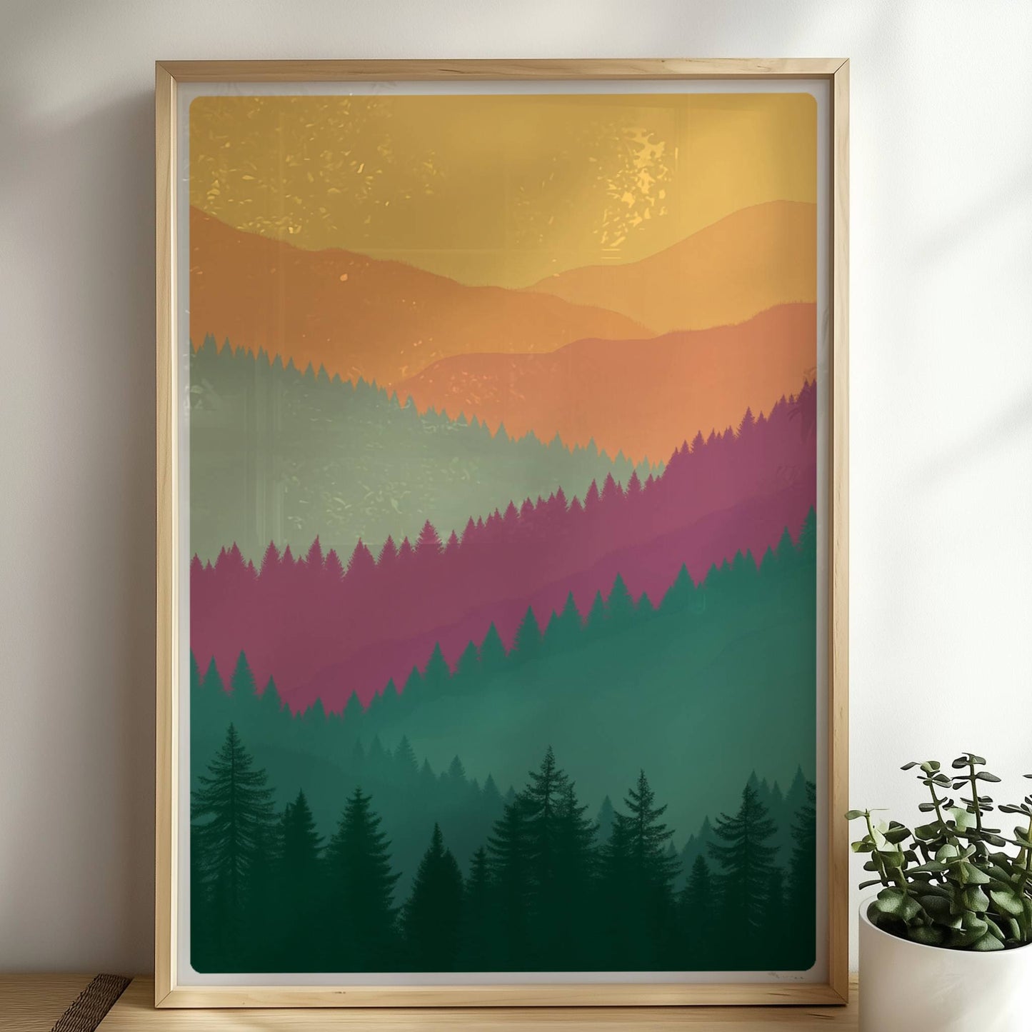 Hügelige Waldsilhouetten im Sonnenuntergang.. Rahmen natur 50x70