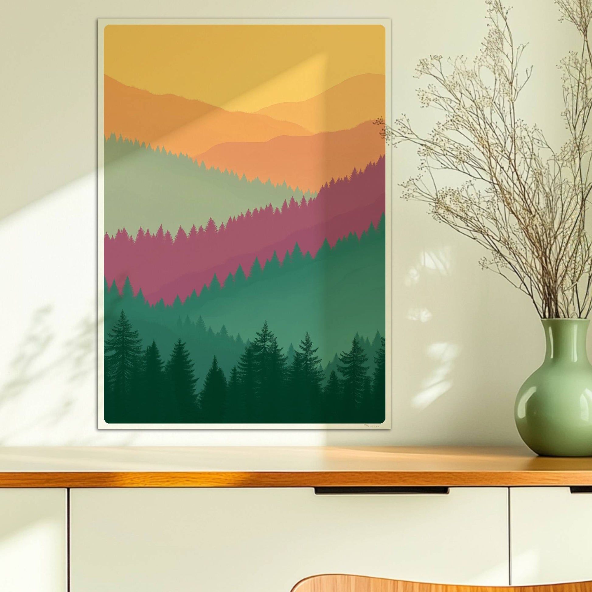 Hügelige Waldsilhouetten im Sonnenuntergang.. Ohne Rahmen 50x70