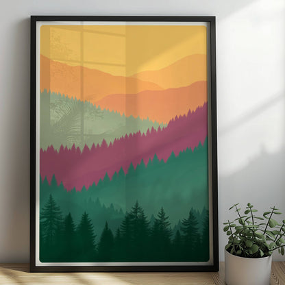Hügelige Waldsilhouetten im Sonnenuntergang.. Rahmen schwarz 50x70