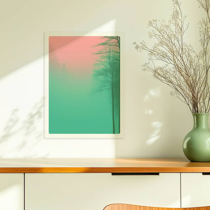 Waldlandschaft mit Bäumen im pinkgrünen Nebel.. Ohne Rahmen 30x40