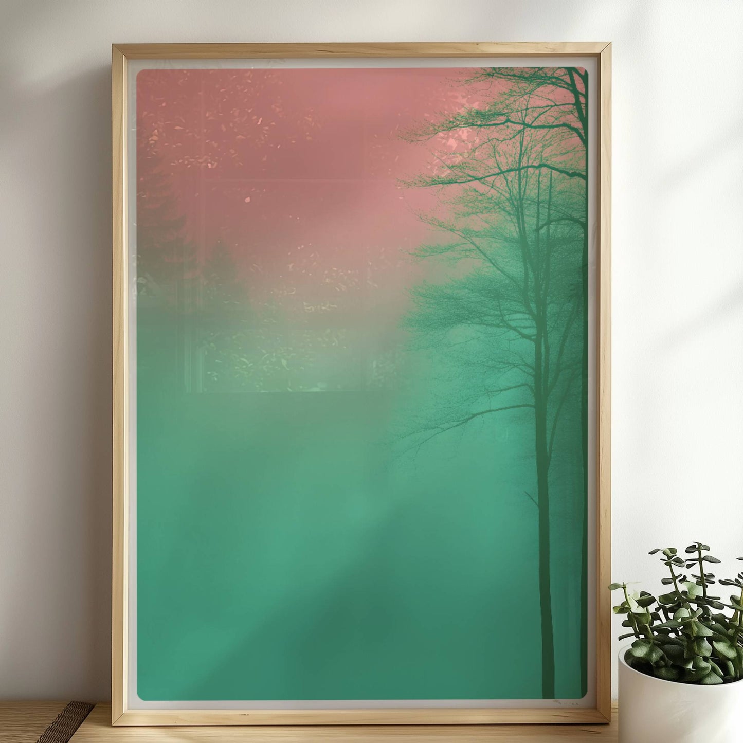 Waldlandschaft mit Bäumen im pinkgrünen Nebel.. Rahmen natur 50x70