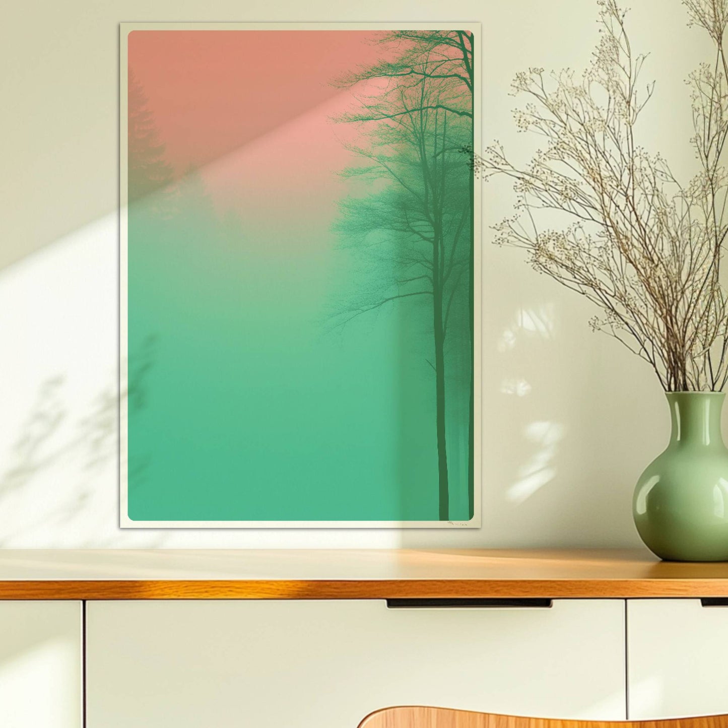 Waldlandschaft mit Bäumen im pinkgrünen Nebel.. Ohne Rahmen 50x70
