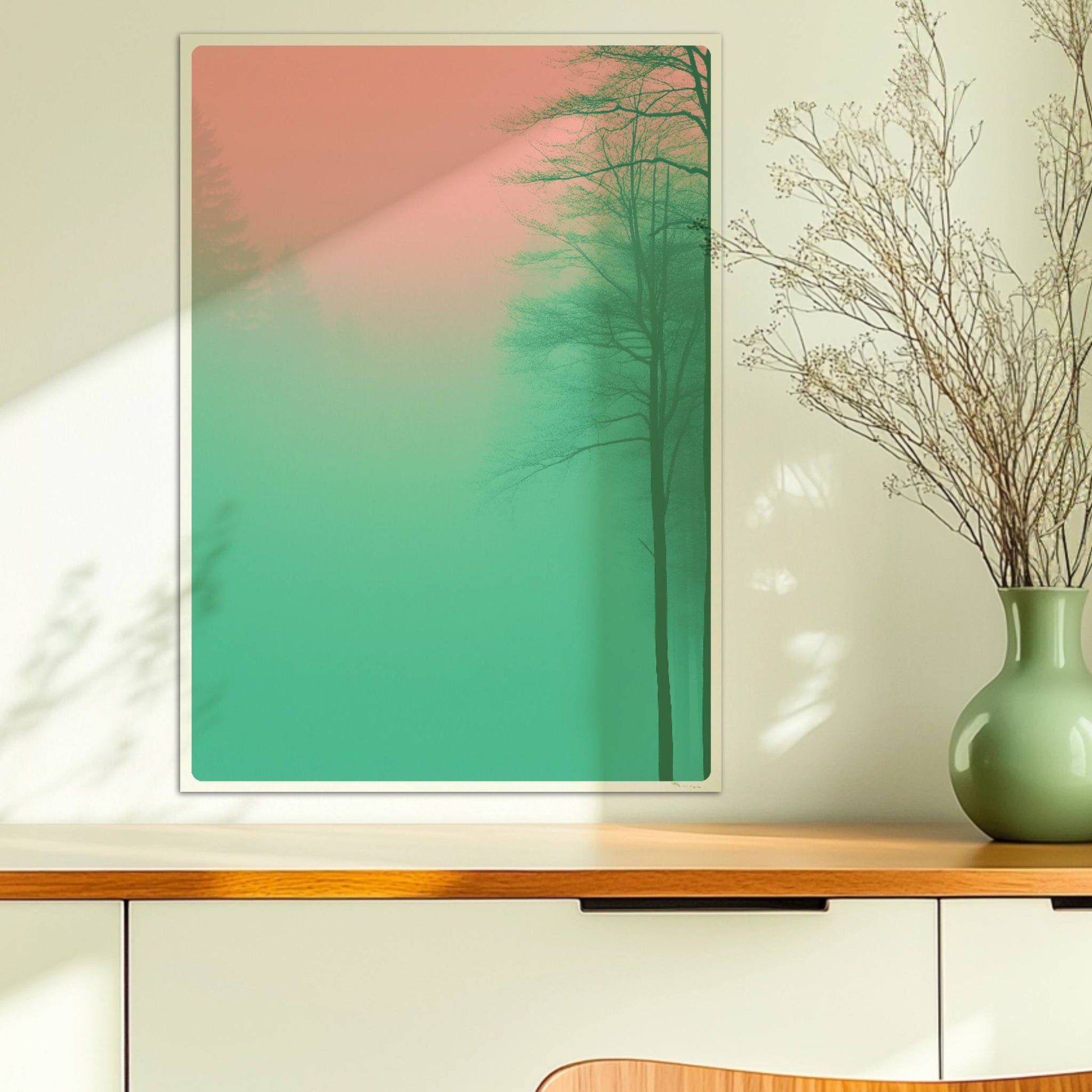 Waldlandschaft mit Bäumen im pinkgrünen Nebel.. Ohne Rahmen 50x70