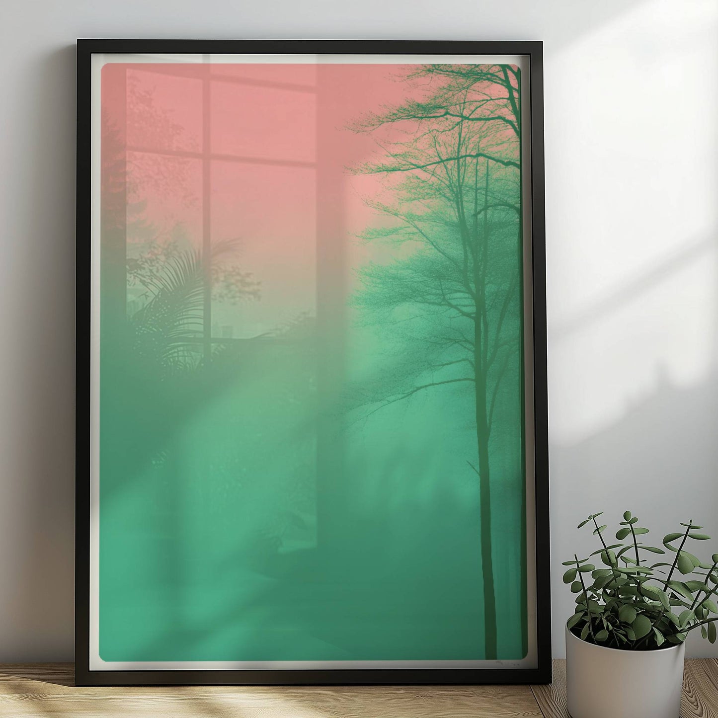 Waldlandschaft mit Bäumen im pinkgrünen Nebel.. Rahmen schwarz 50x70