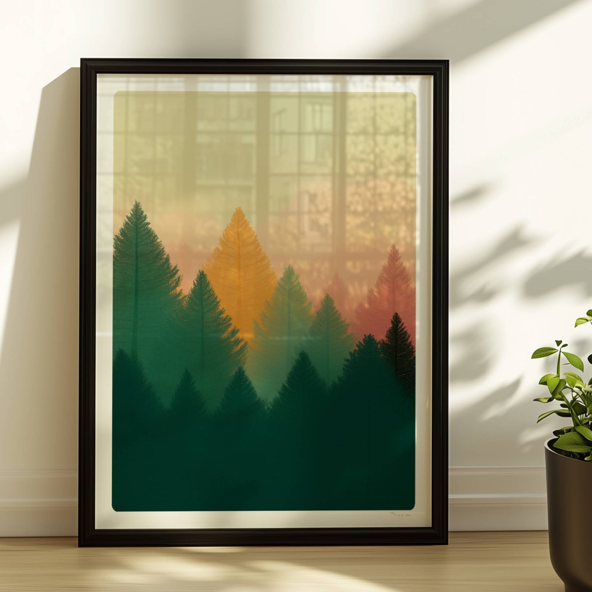 Goldene Tannen im Abendlicht, Naturmotiv Wald.. Rahmen schwarz 30x40